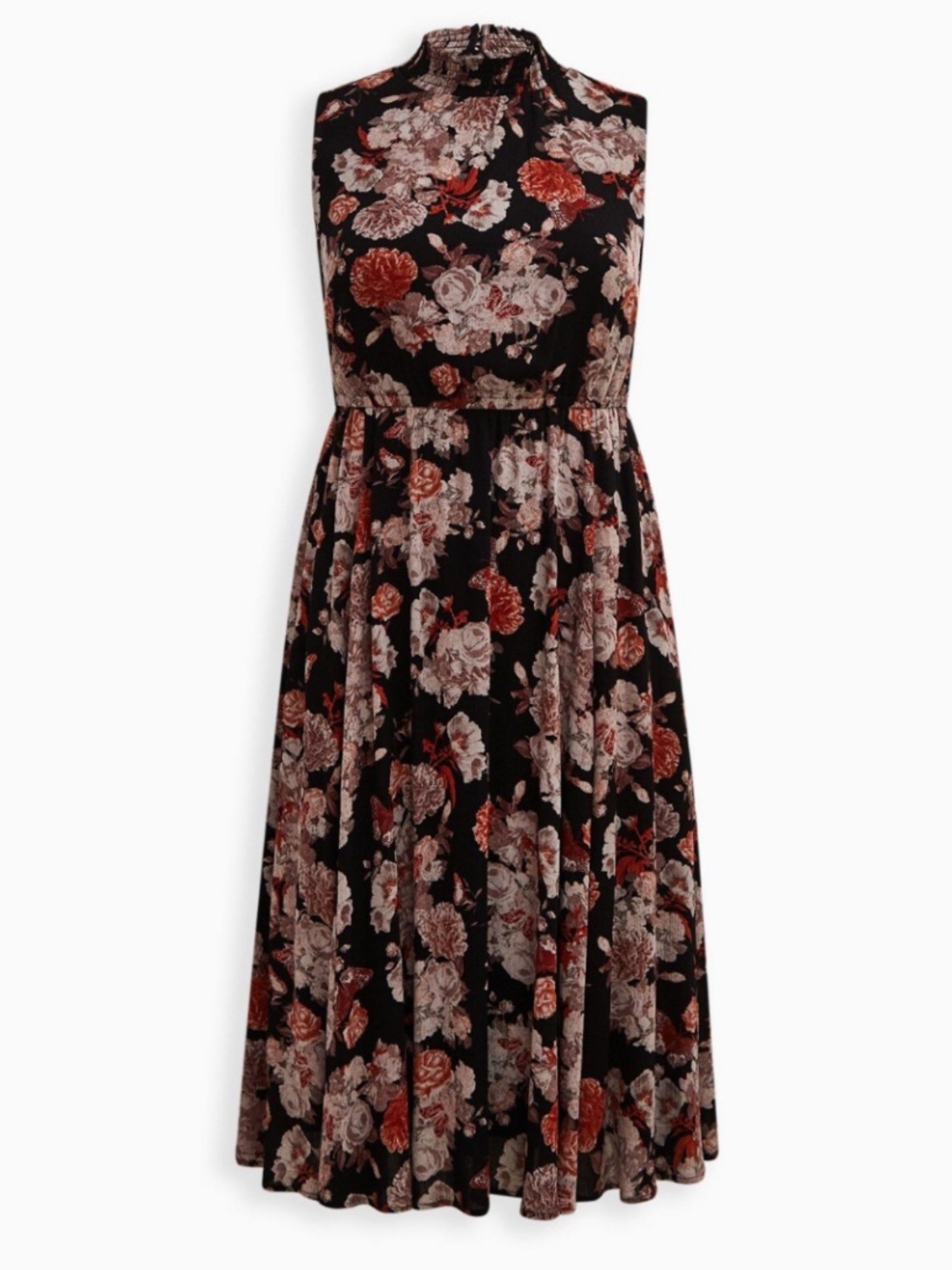 Torrid Midi Gauze Mock Neck Floral Sleeveless Dress in Black and Coral - Picture 4 of 9